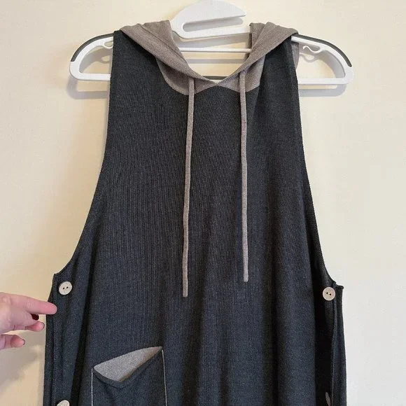 Dark Gray Sleeveless Sweater Dress with Hood - Picture 4 of 8